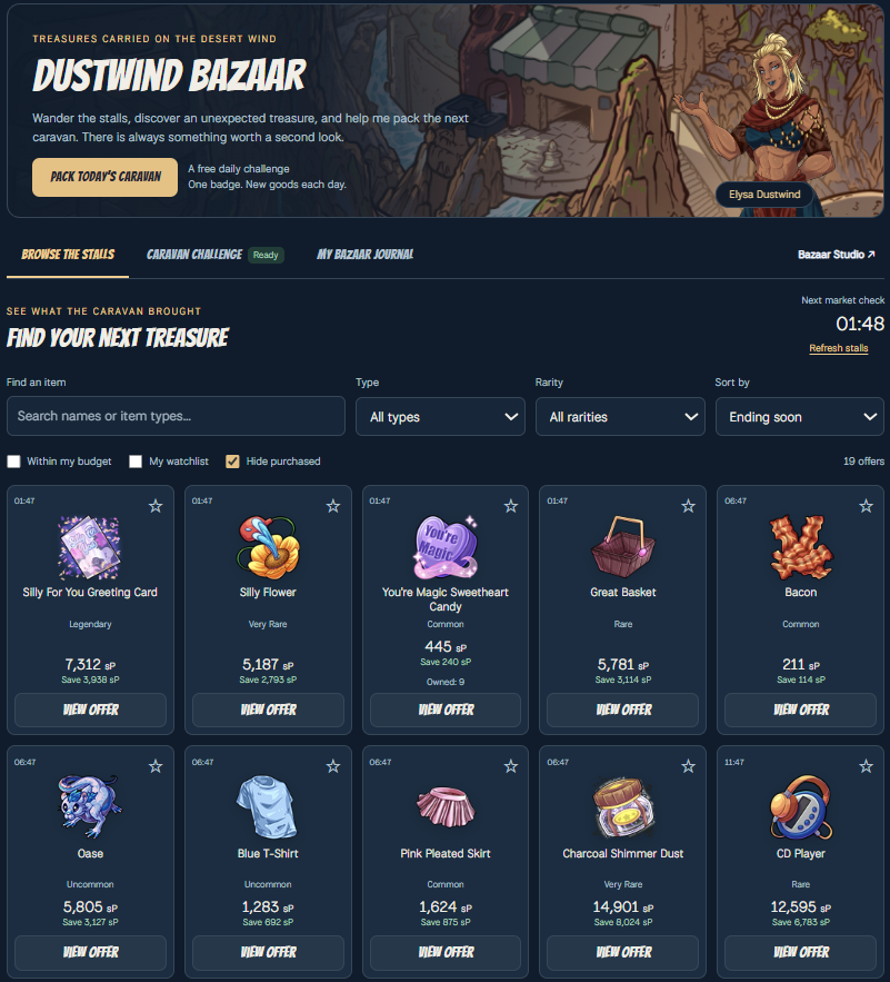 The refreshed Dustwind Bazaar shopping page
